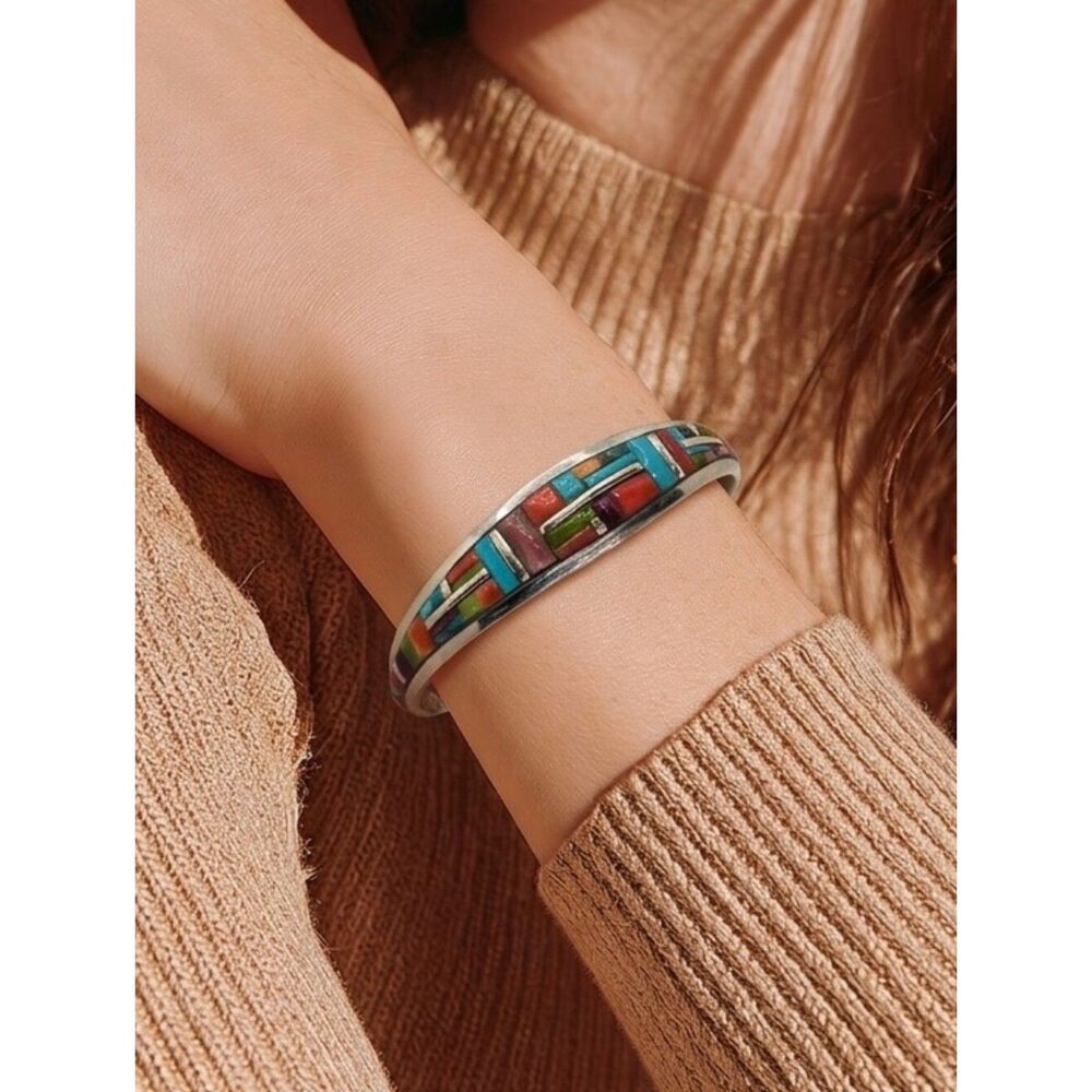 Multi-Color Inlay Sterling Silver Women's Cuff Bracelet